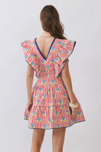 Striped Floral Flutter Sleeve Mini Dress