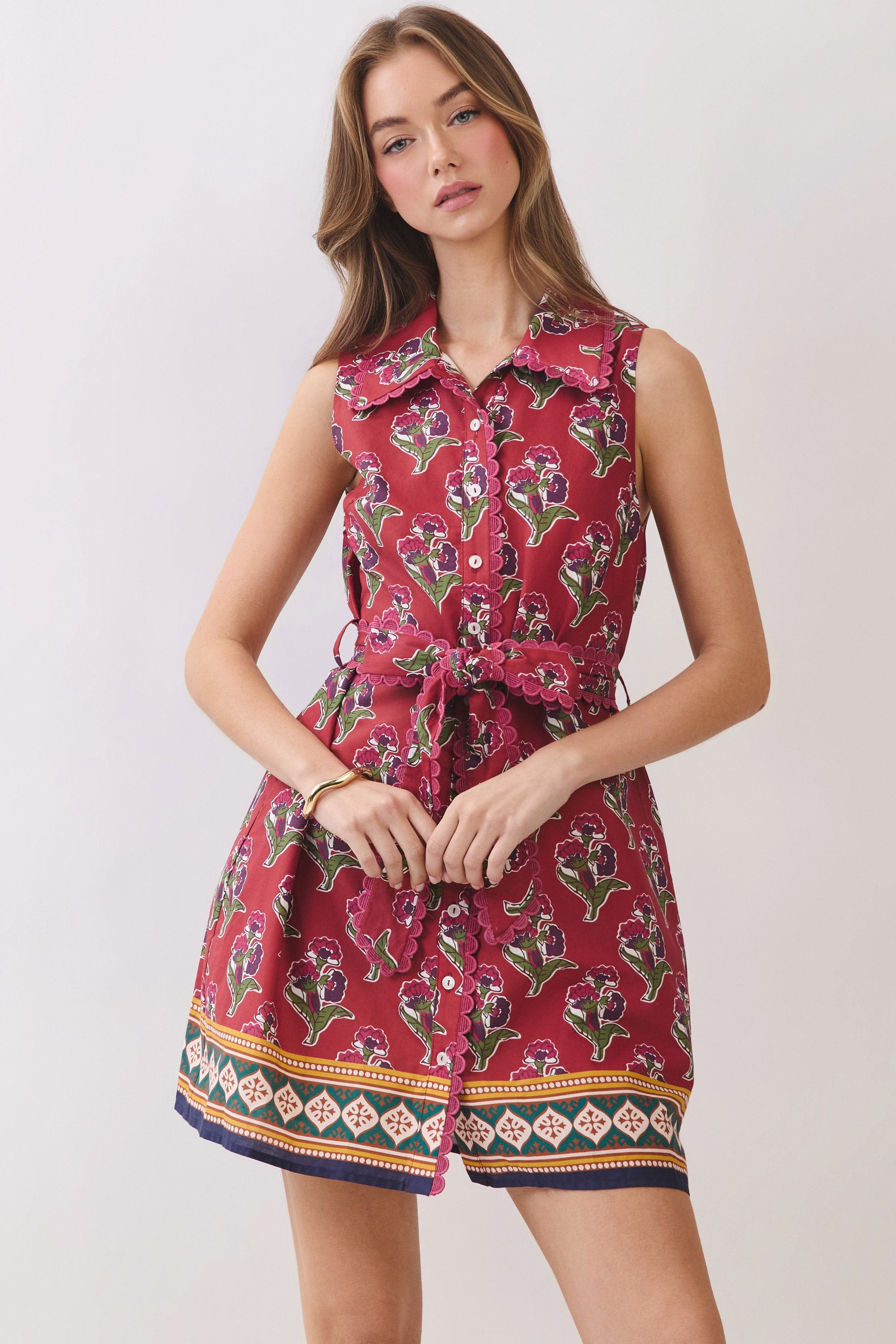 Floral Print Belted Mini Shirt Dress