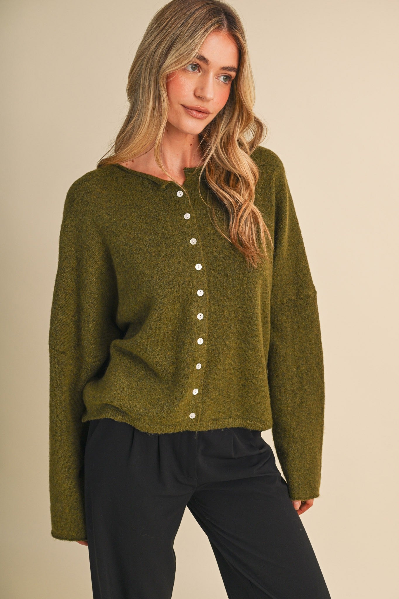 Olive Button-Down Cardigan Sweater