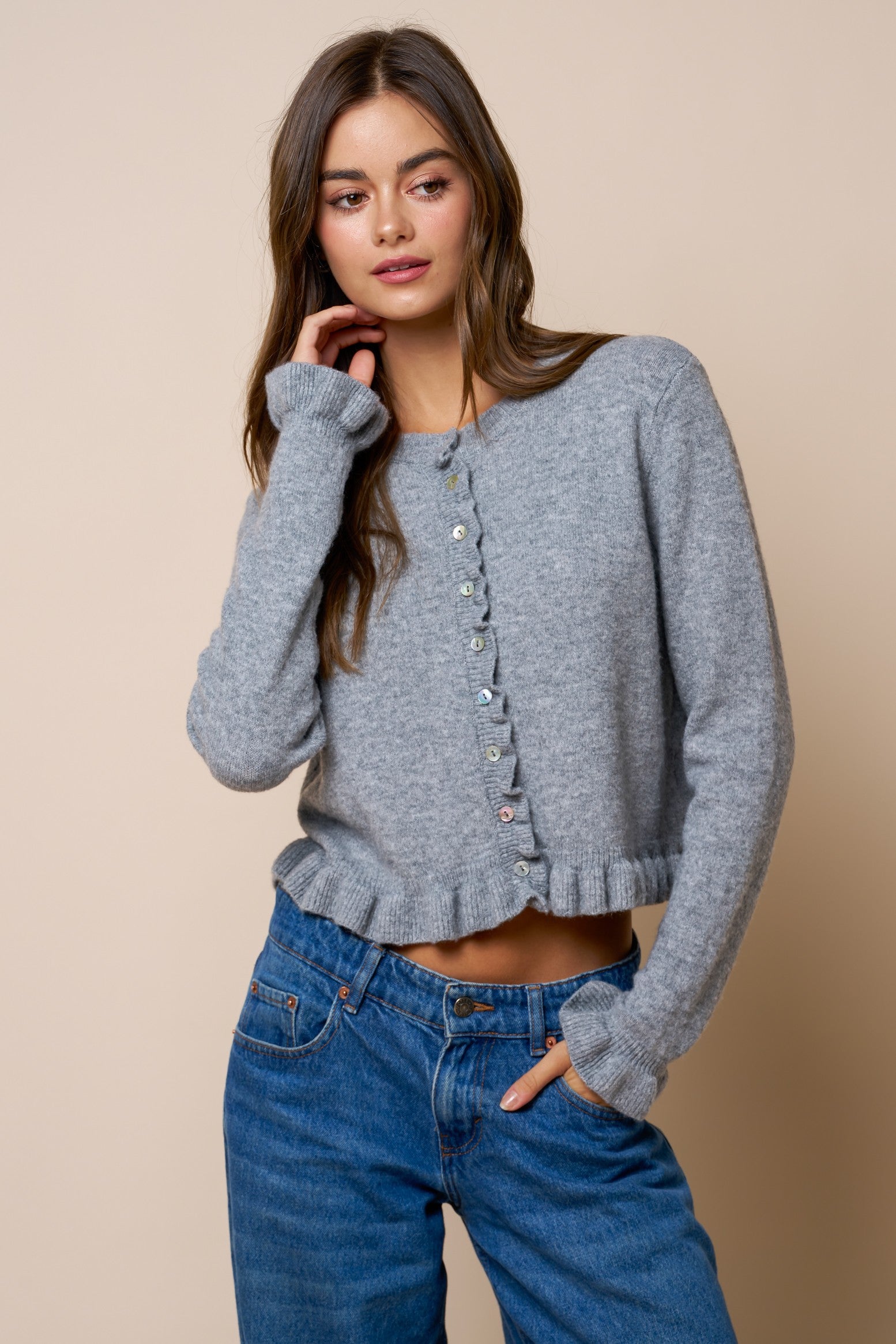 Ruffle Hem Button-Down Cardigan