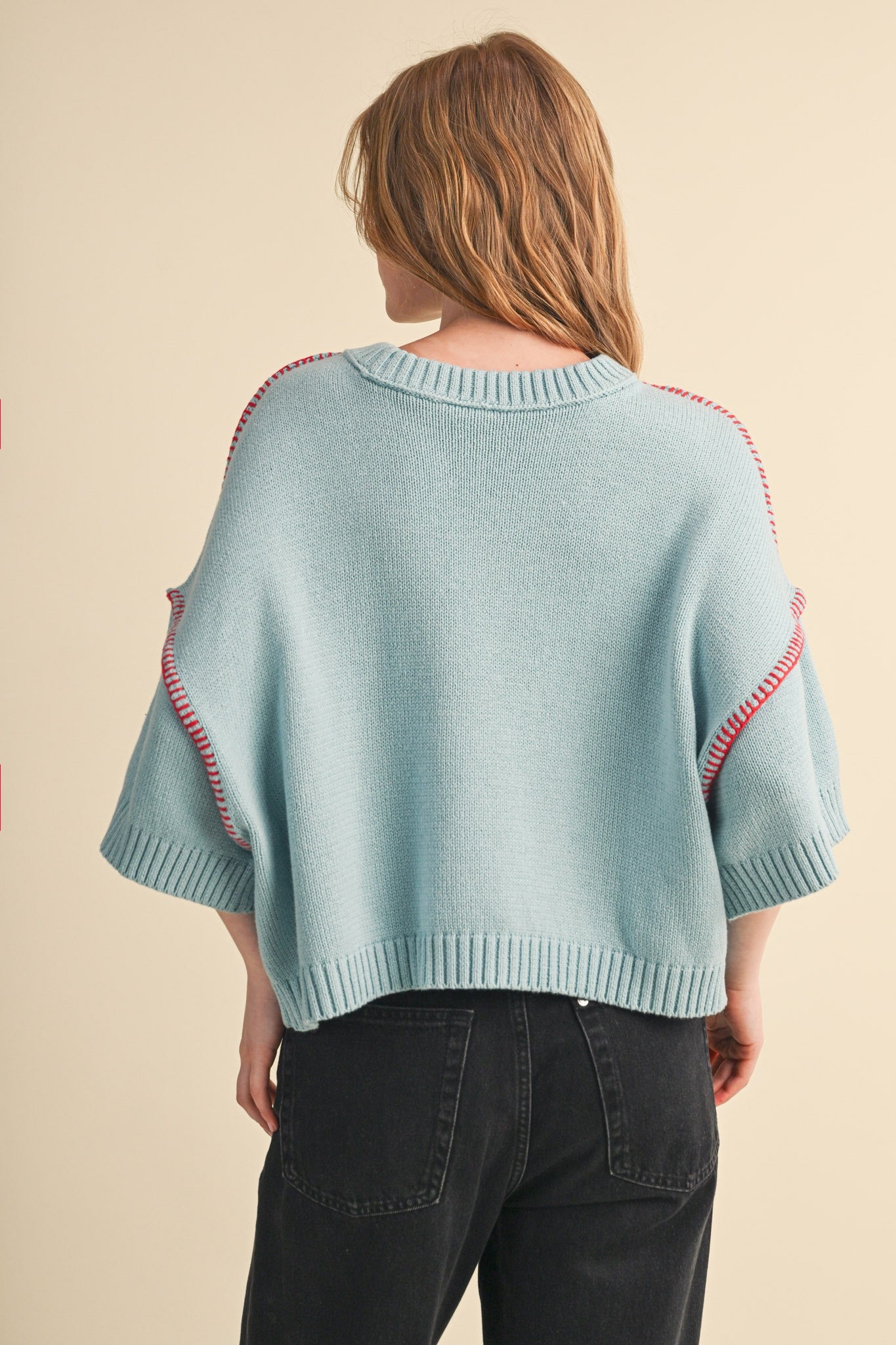 Blanket Stitch Short Sleeve Sweater