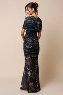 Printed Asymmetrical Mesh Maxi Dress