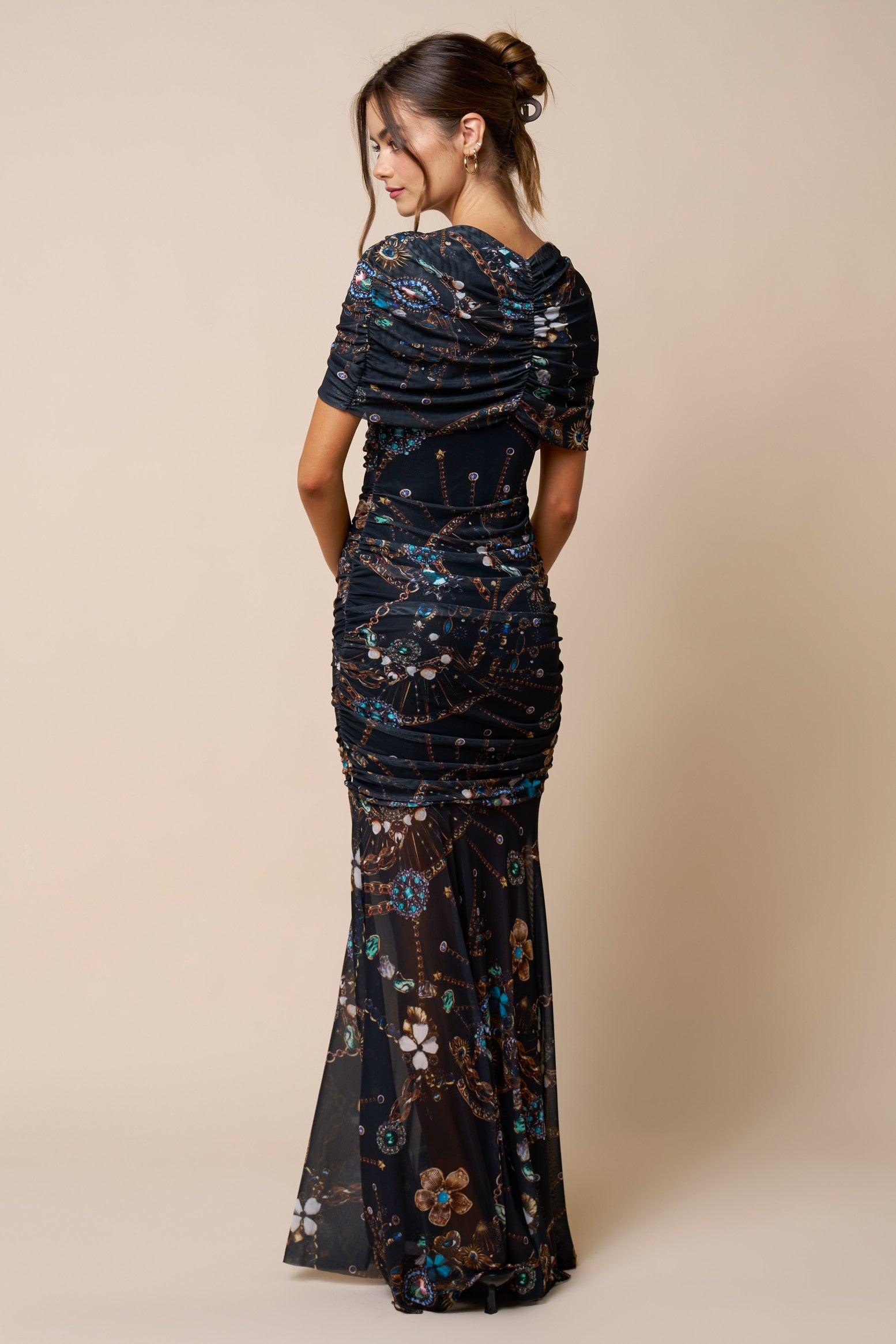 Printed Asymmetrical Mesh Maxi Dress