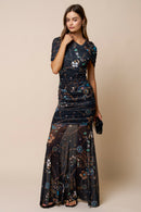 Printed Asymmetrical Mesh Maxi Dress
