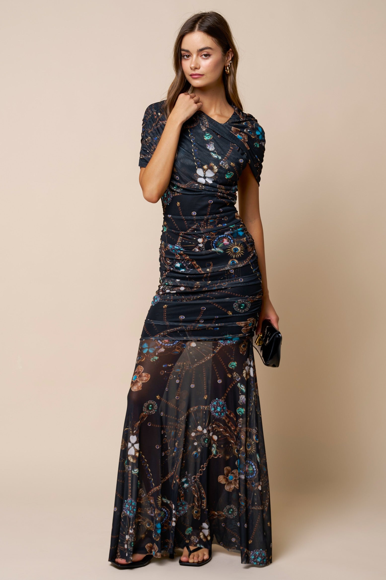 Printed Asymmetrical Mesh Maxi Dress