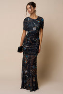 Printed Asymmetrical Mesh Maxi Dress