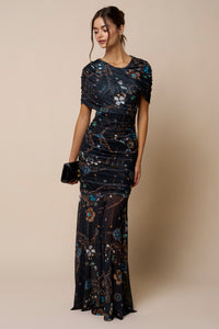 Printed Asymmetrical Mesh Maxi Dress