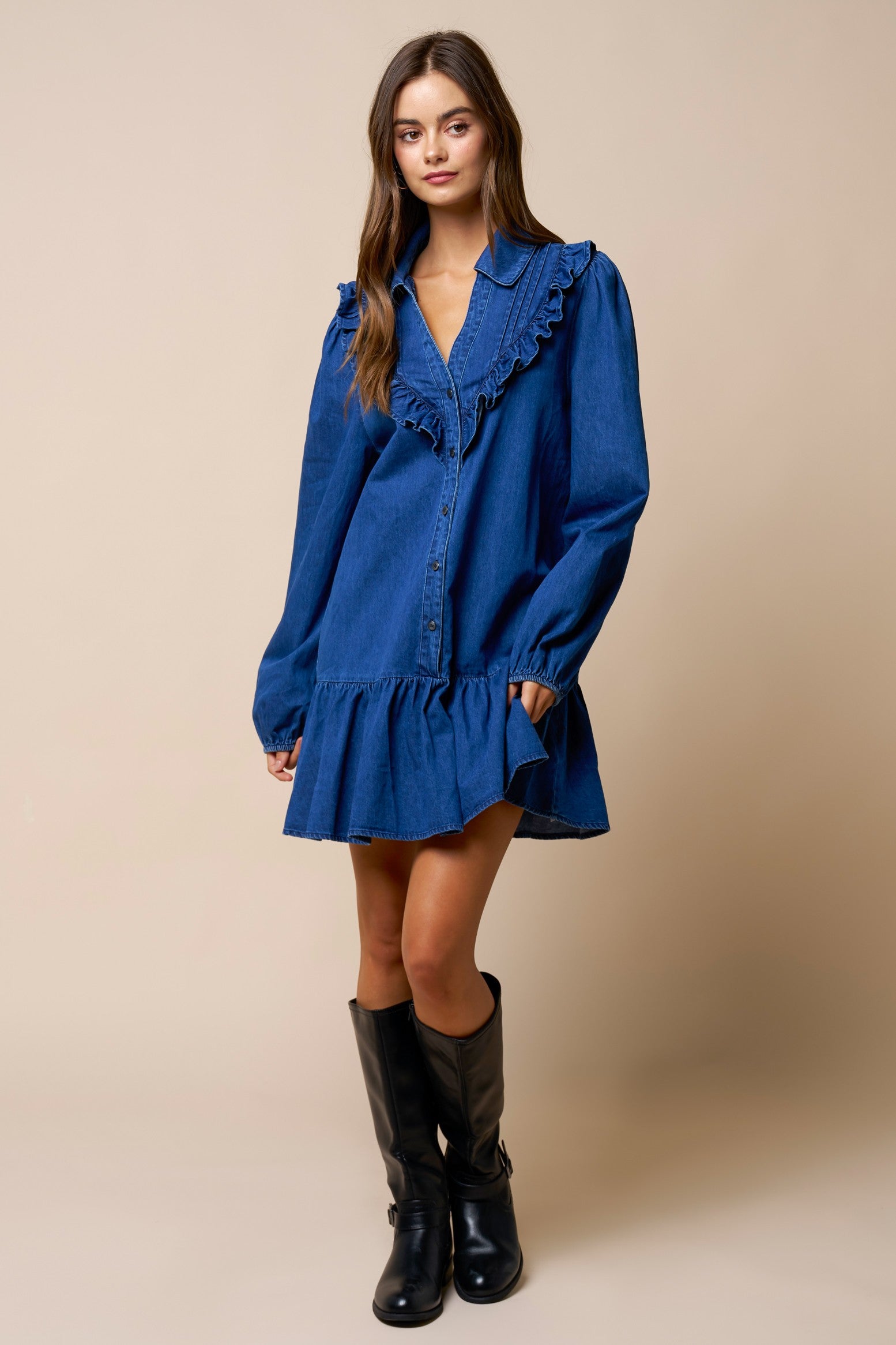 Puff Sleeve Denim Shirt Dress