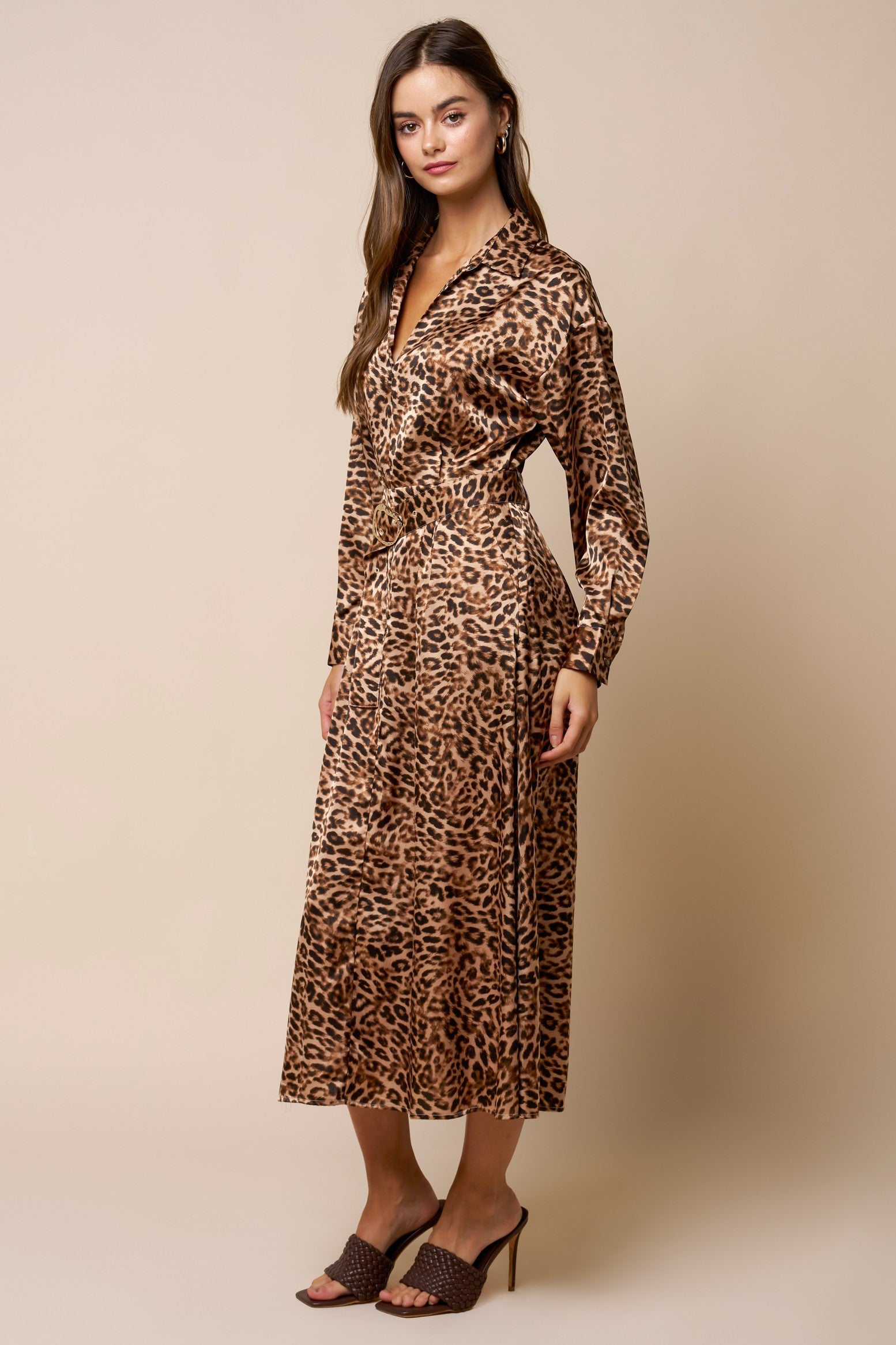 Leopard Satin Belted Maxi Dress