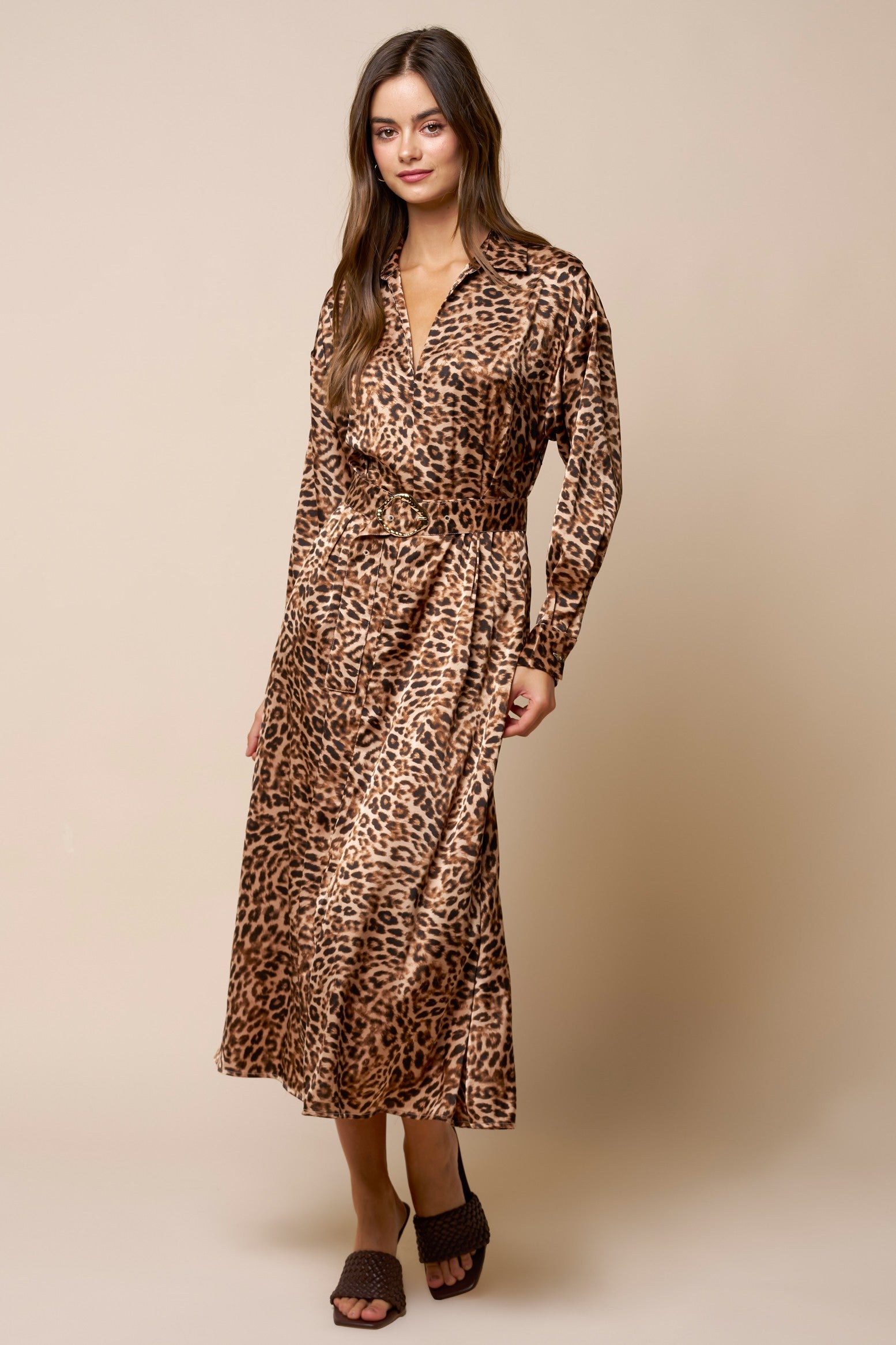 Leopard Satin Belted Maxi Dress