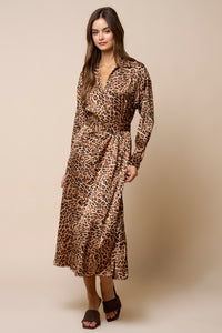 Leopard Satin Belted Maxi Dress