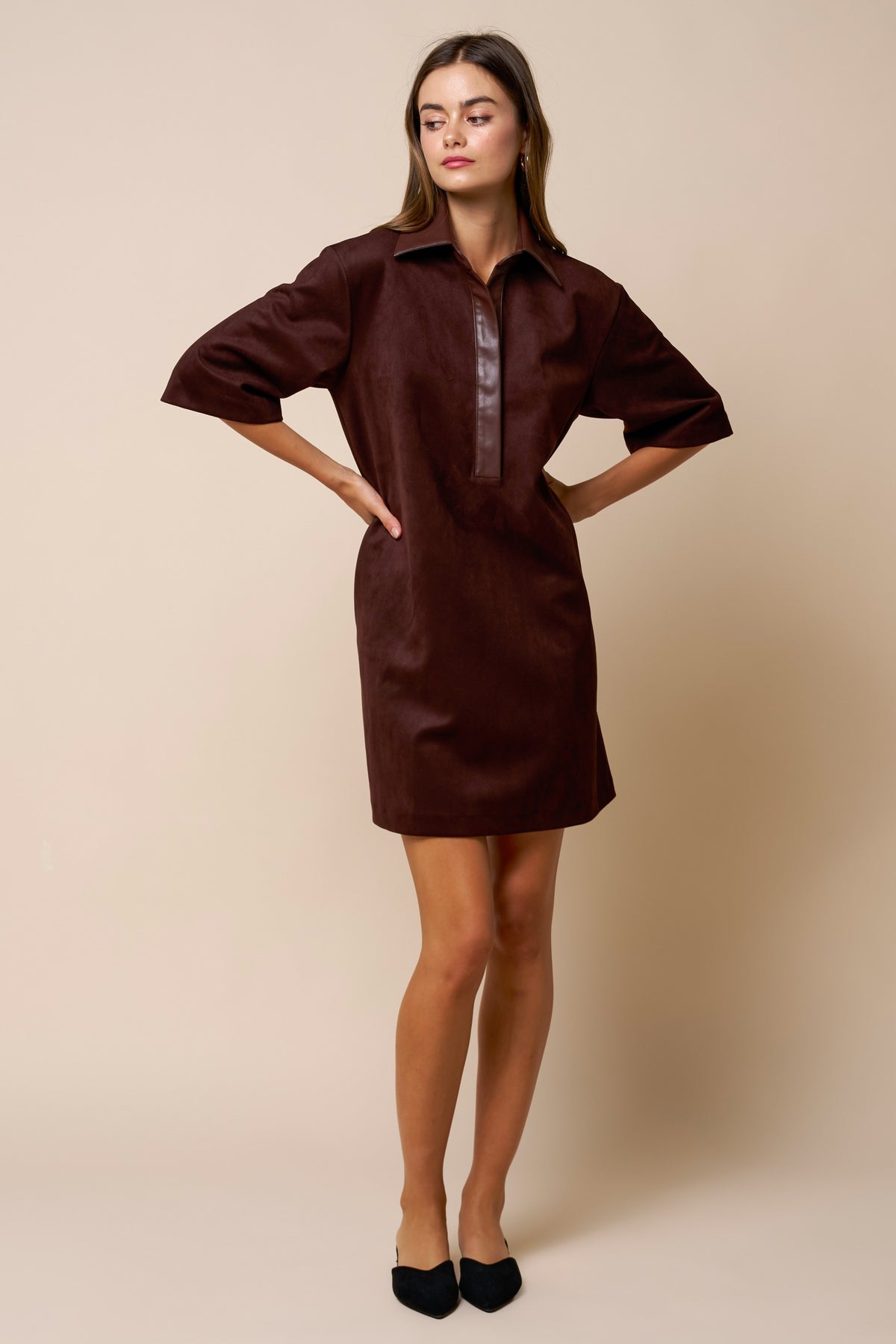 Faux Suede Collared Mini Dress