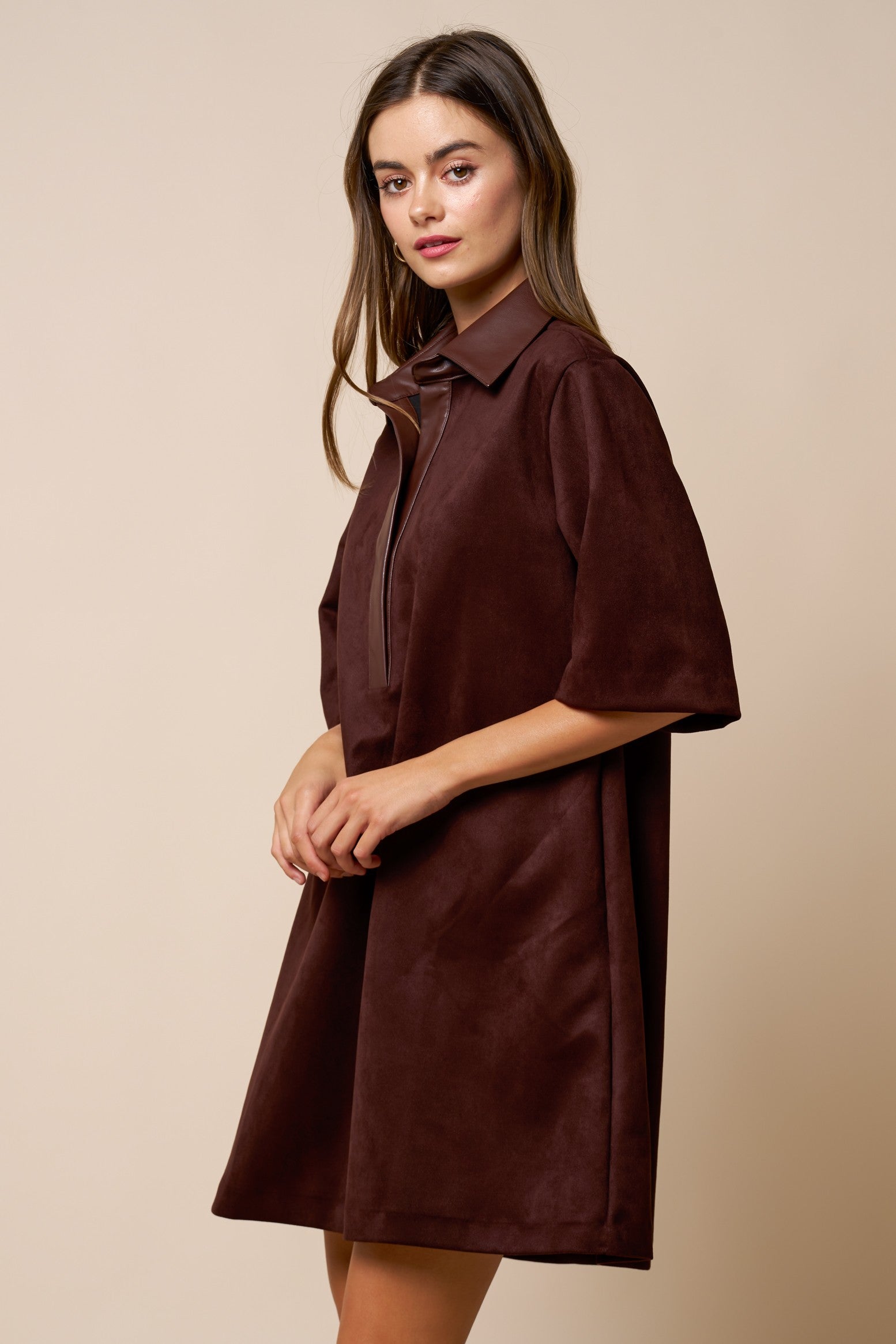 Faux Suede Collared Mini Dress
