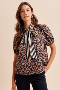 Striped Scarf Neck Leopard Blouse