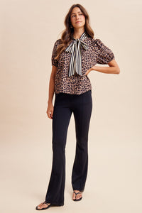 Striped Scarf Neck Leopard Blouse