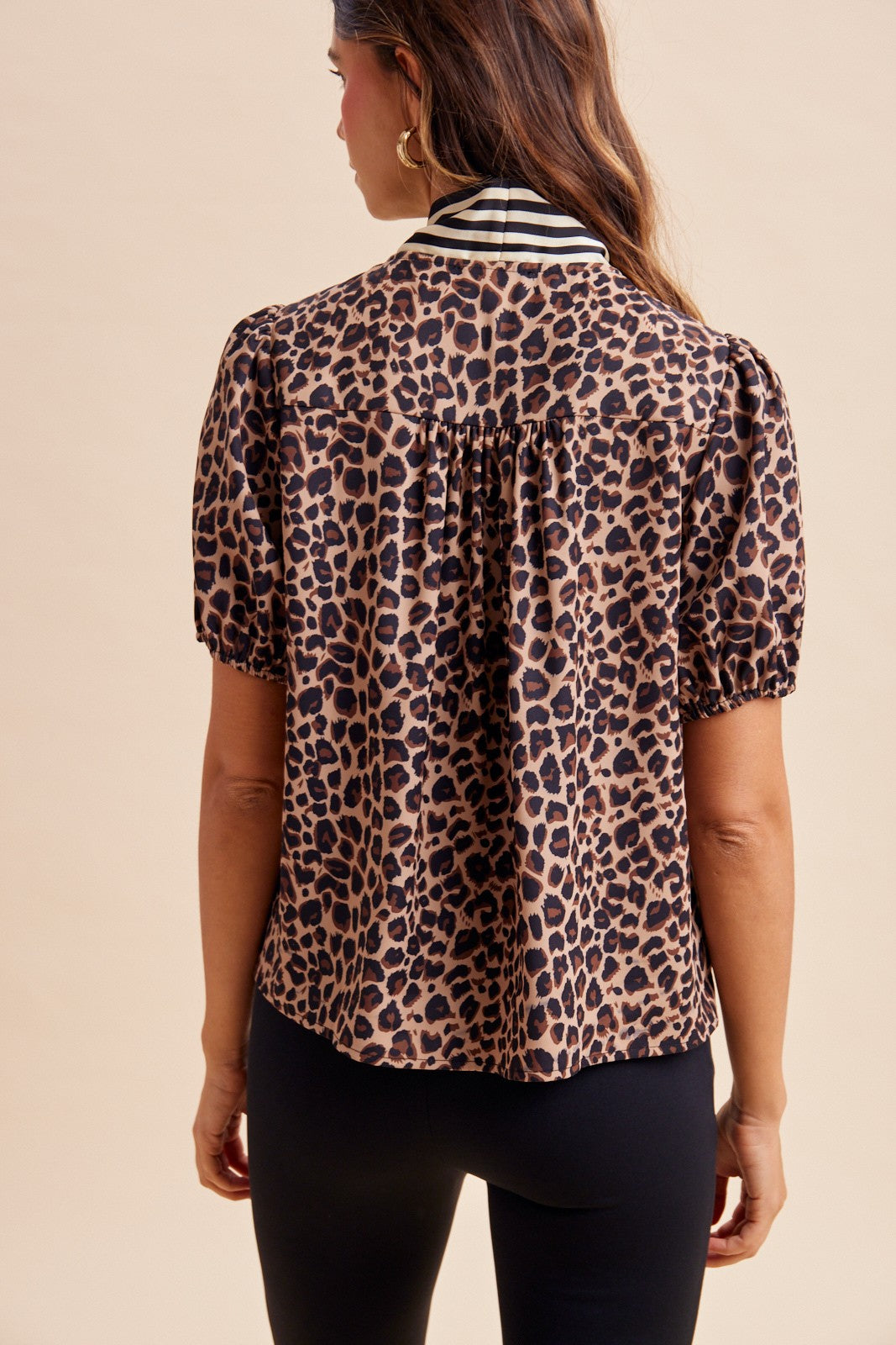 Striped Scarf Neck Leopard Blouse
