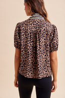 Striped Scarf Neck Leopard Blouse