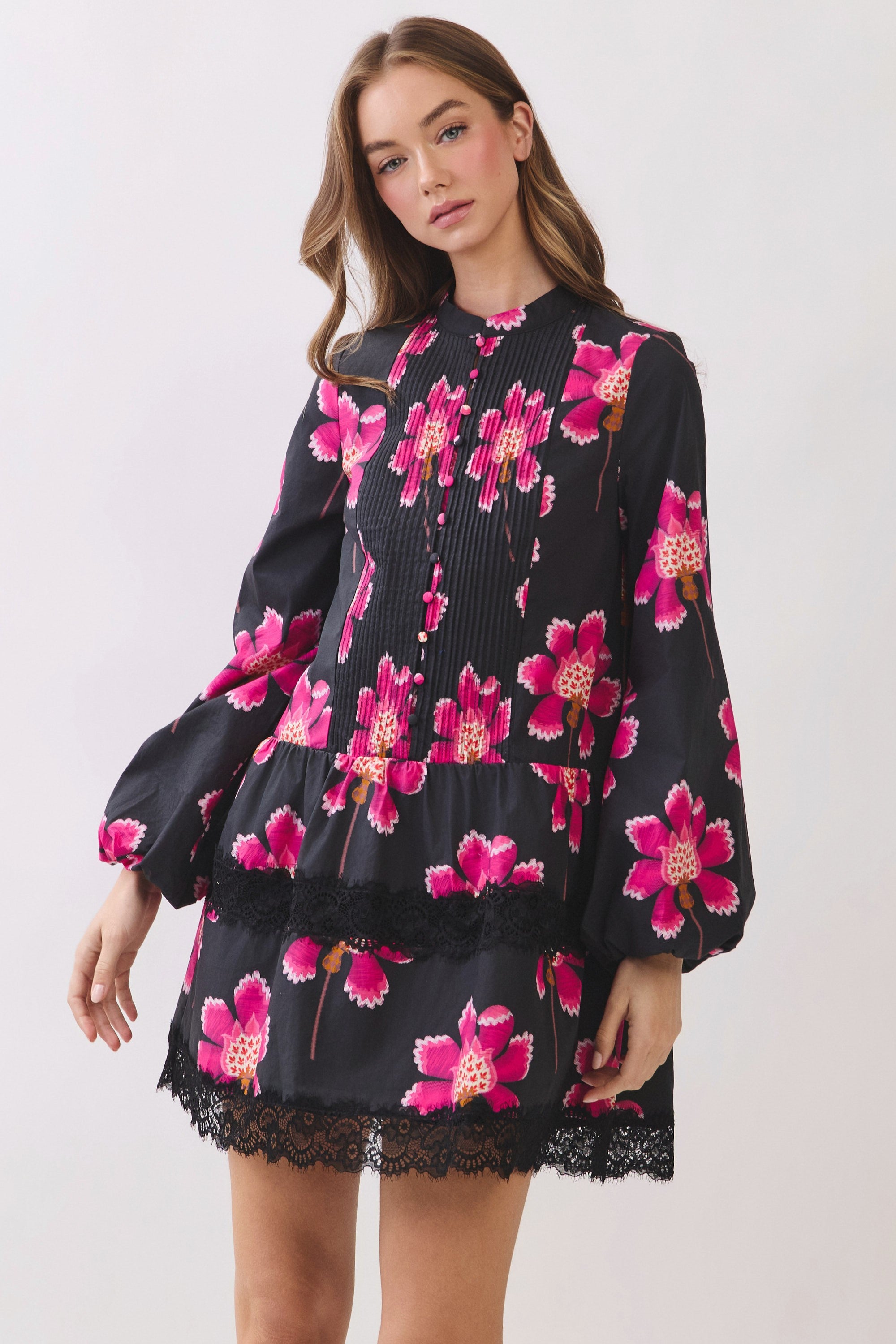 Lace Trim Pintuck Mini Dress