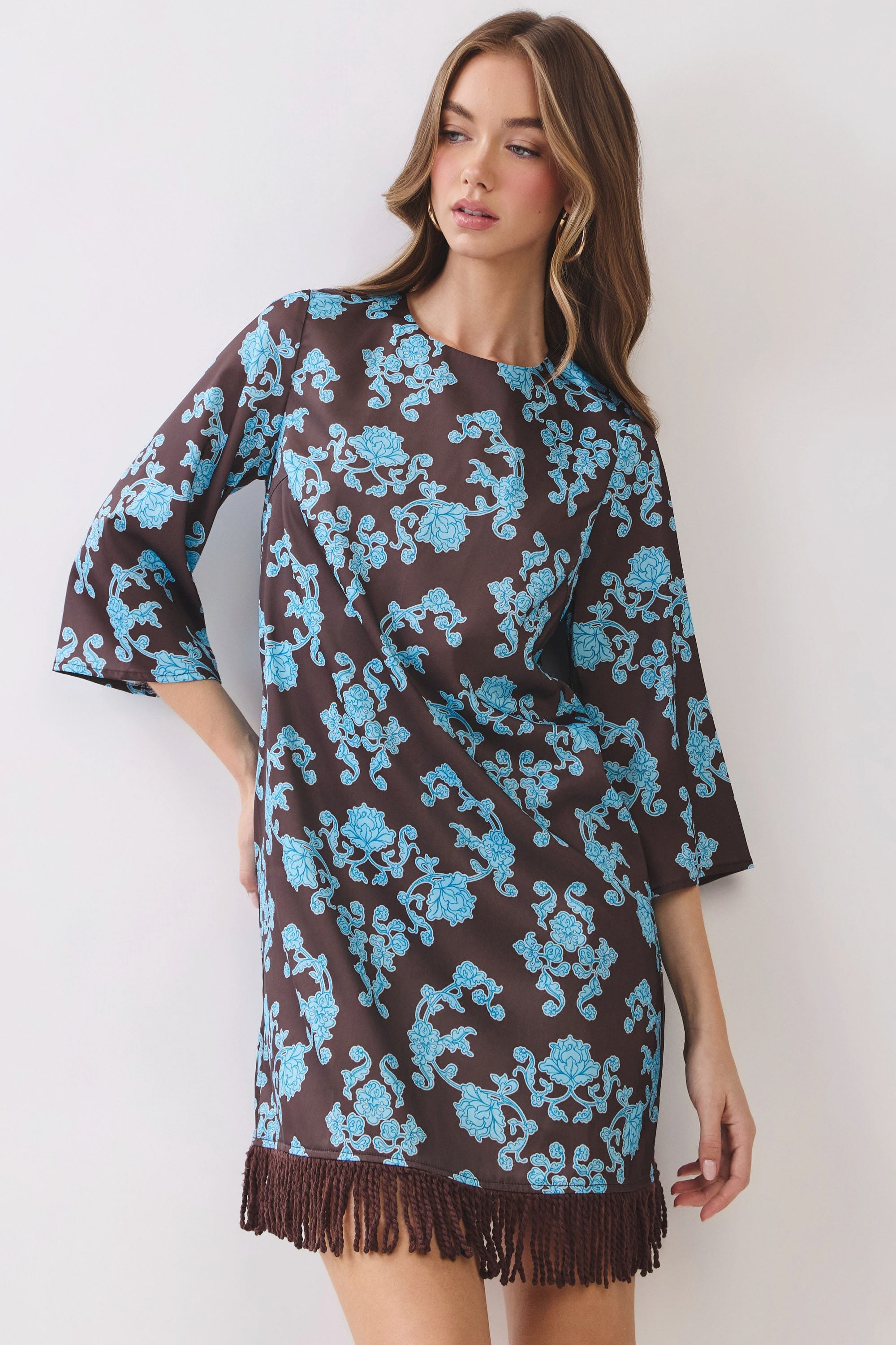 Damask Fringe Hem Mini Dress