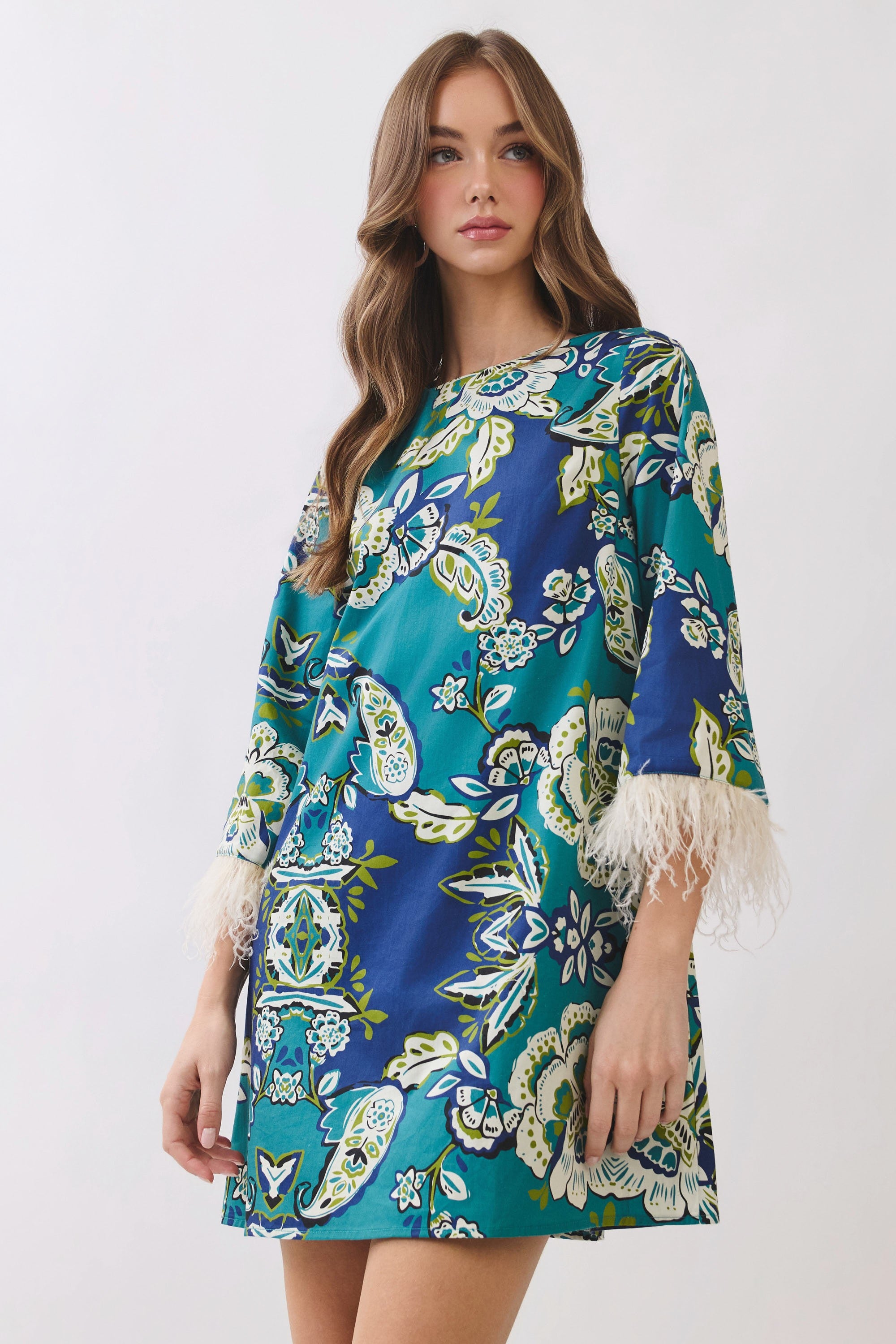 Feather Trim Detail Mini Dress