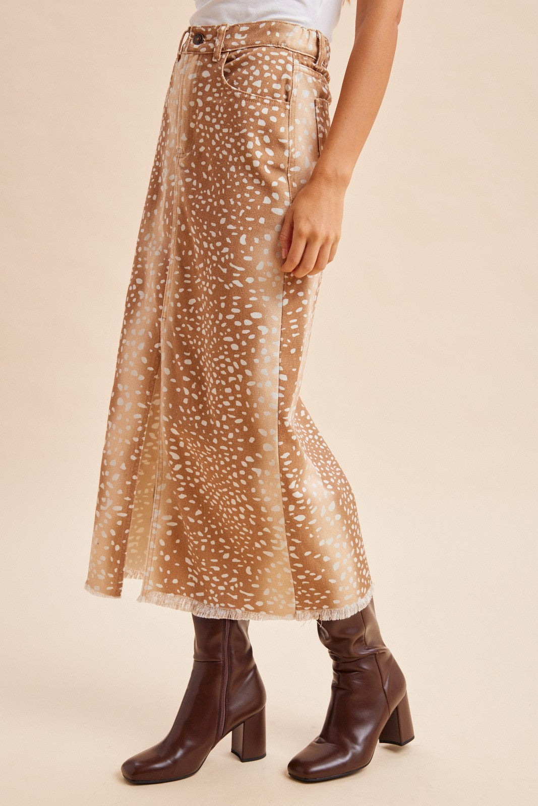 Deer Print Denim Midi Skirt