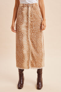 Deer Print Denim Midi Skirt