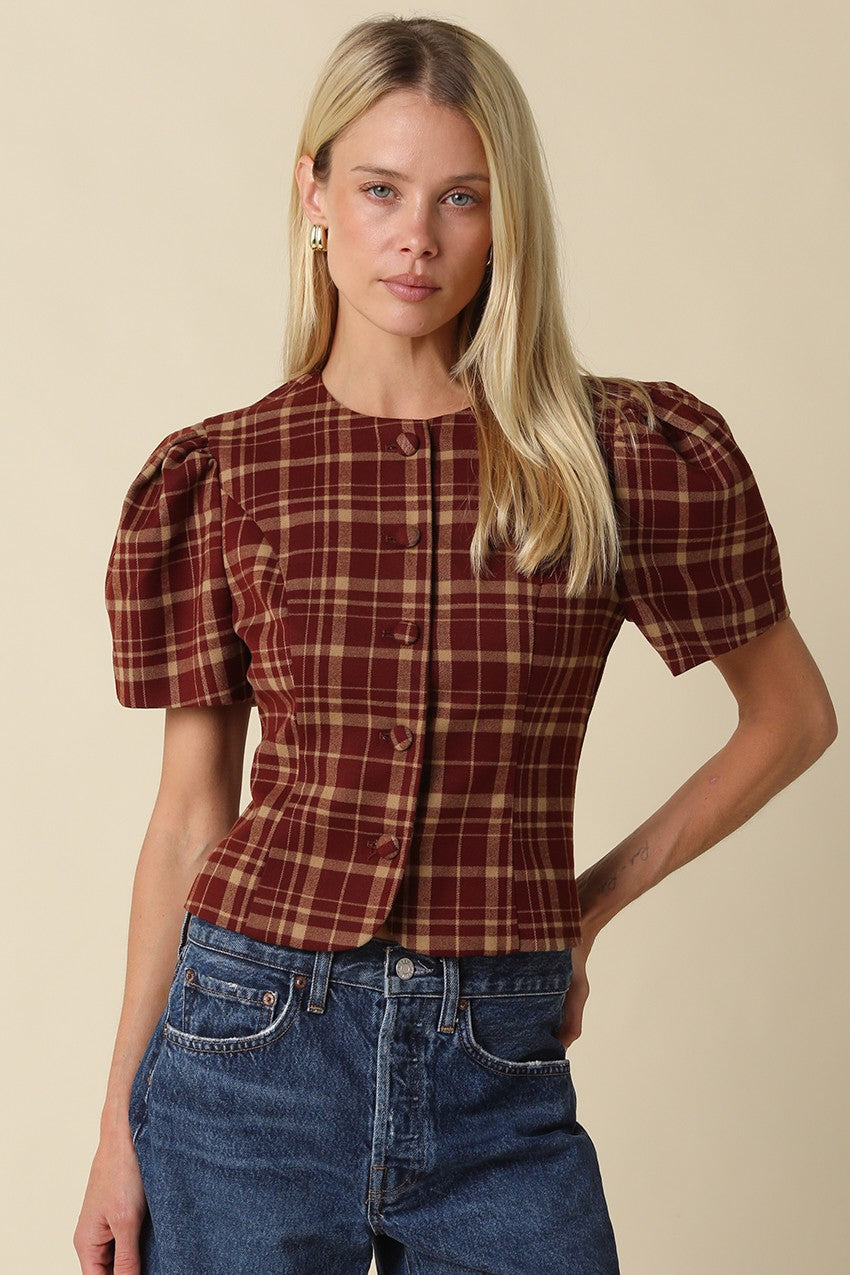 Plaid Puff Sleeve Blouse