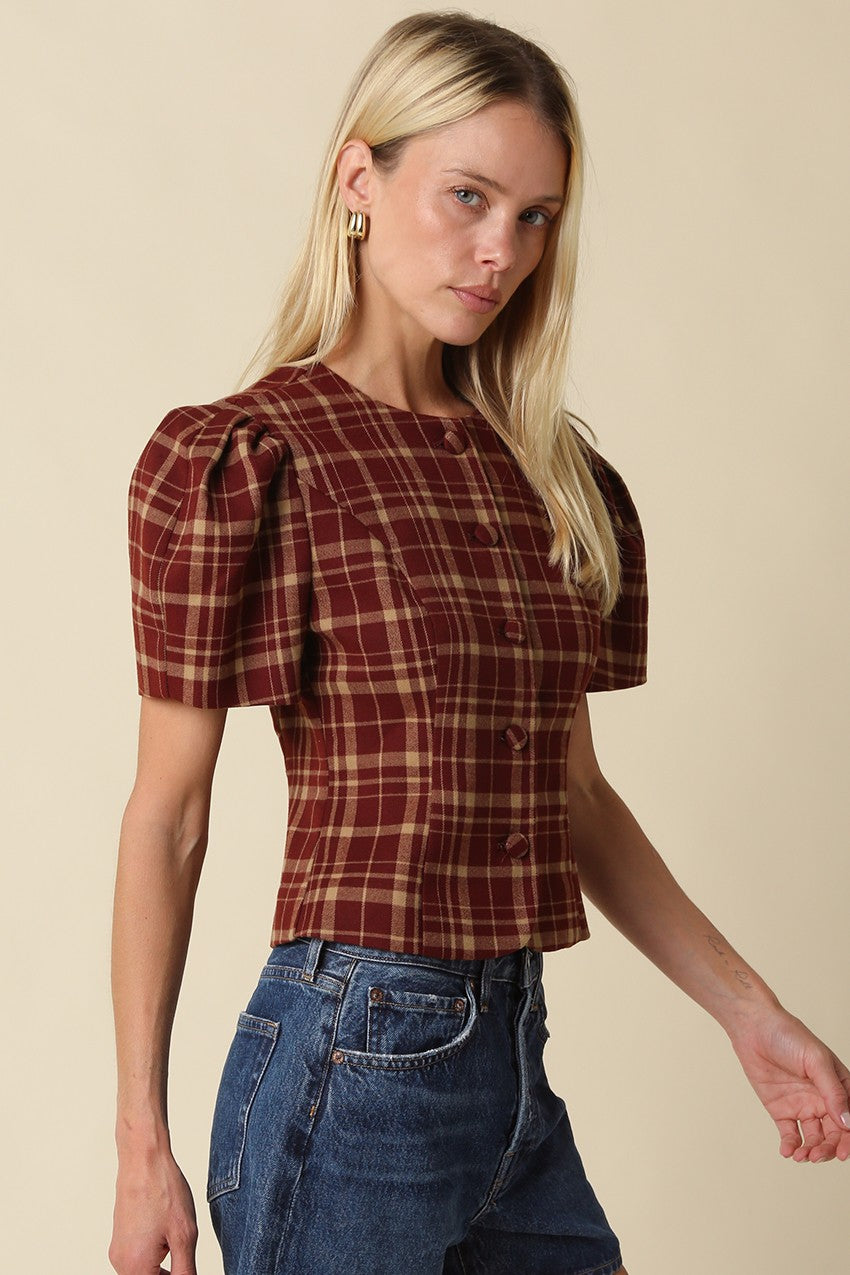 Plaid Puff Sleeve Blouse
