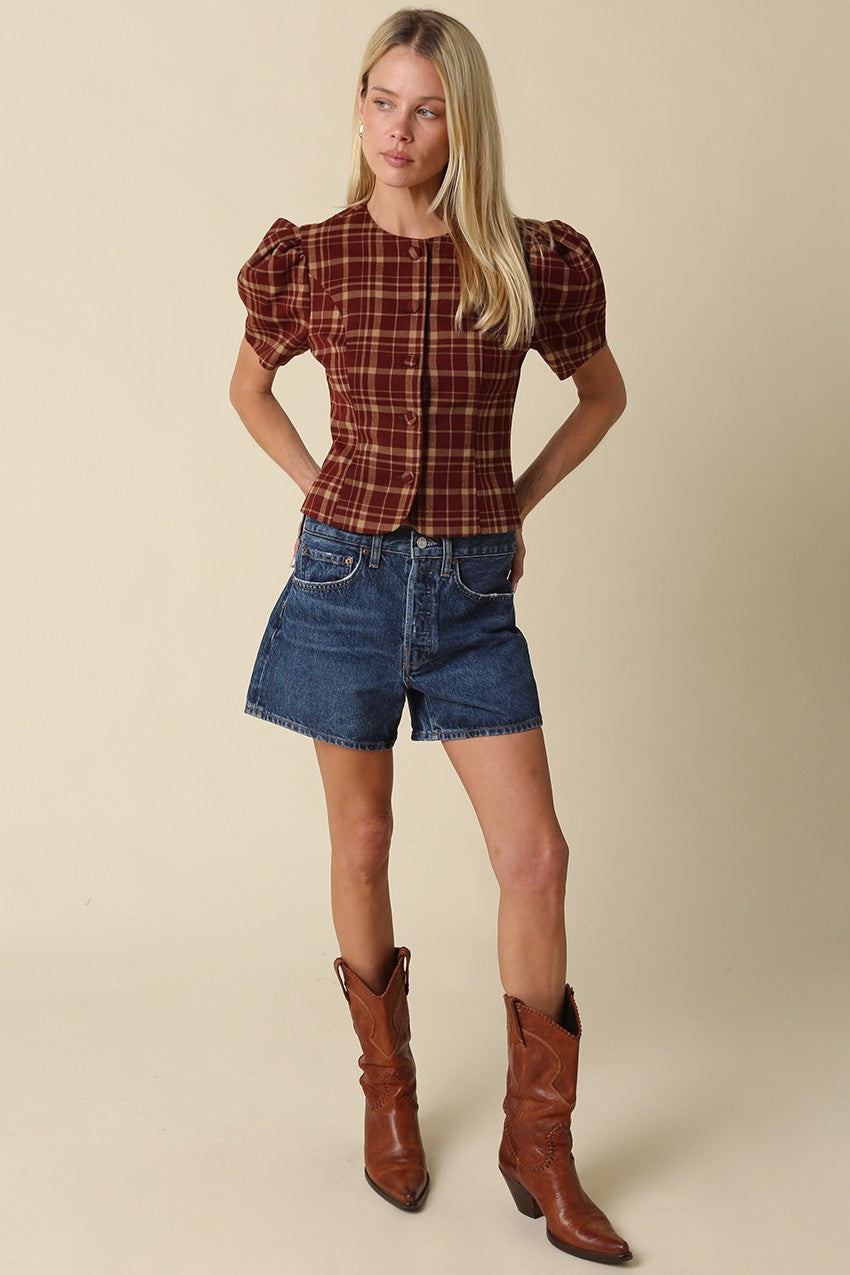 Plaid Puff Sleeve Blouse