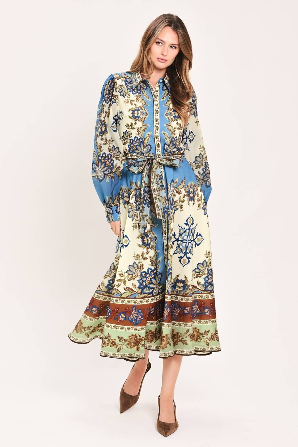 Printed Tie Waist Midi Dress