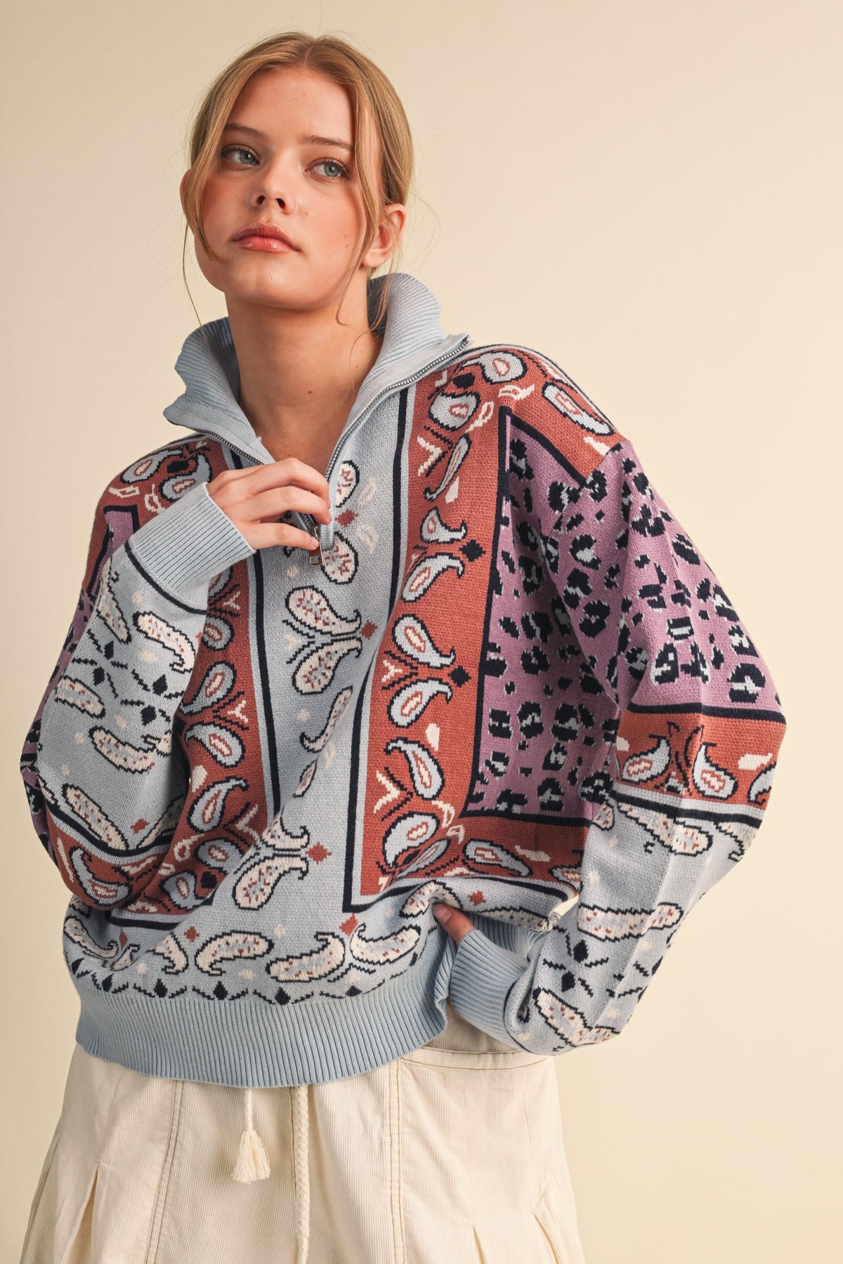 Paisley Mock Neck Henley Sweater