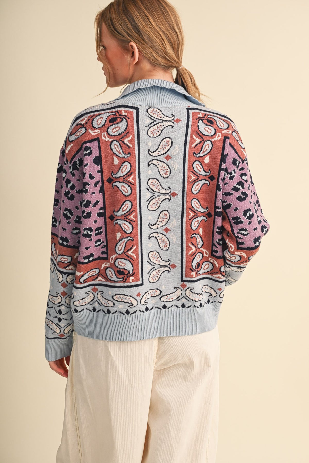 Paisley Mock Neck Henley Sweater