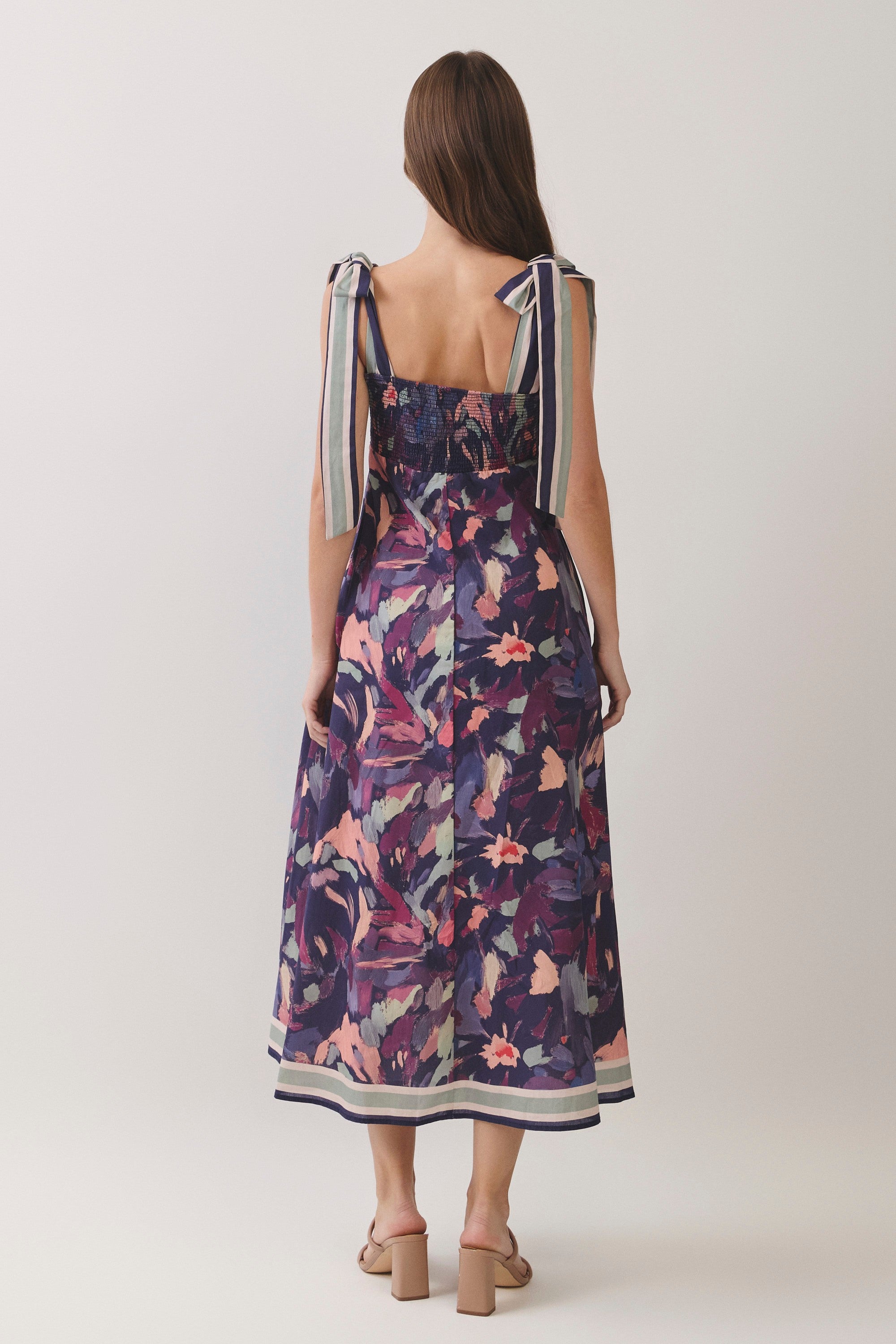 Abstract Floral Tie-Shoulder Midi Dress