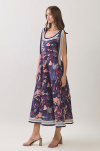 Abstract Floral Tie-Shoulder Midi Dress