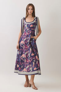 Abstract Floral Tie-Shoulder Midi Dress