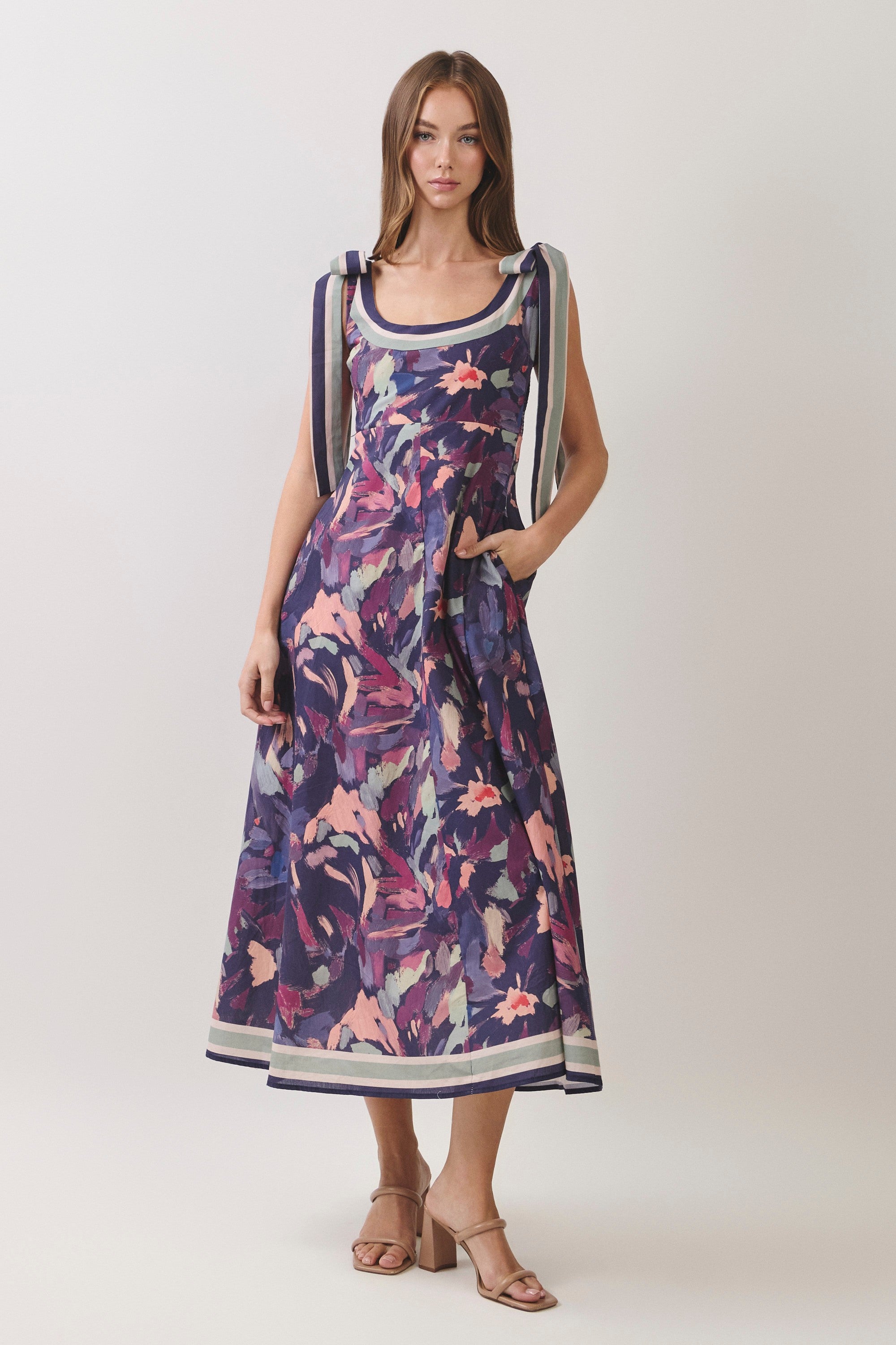 Abstract Floral Tie-Shoulder Midi Dress