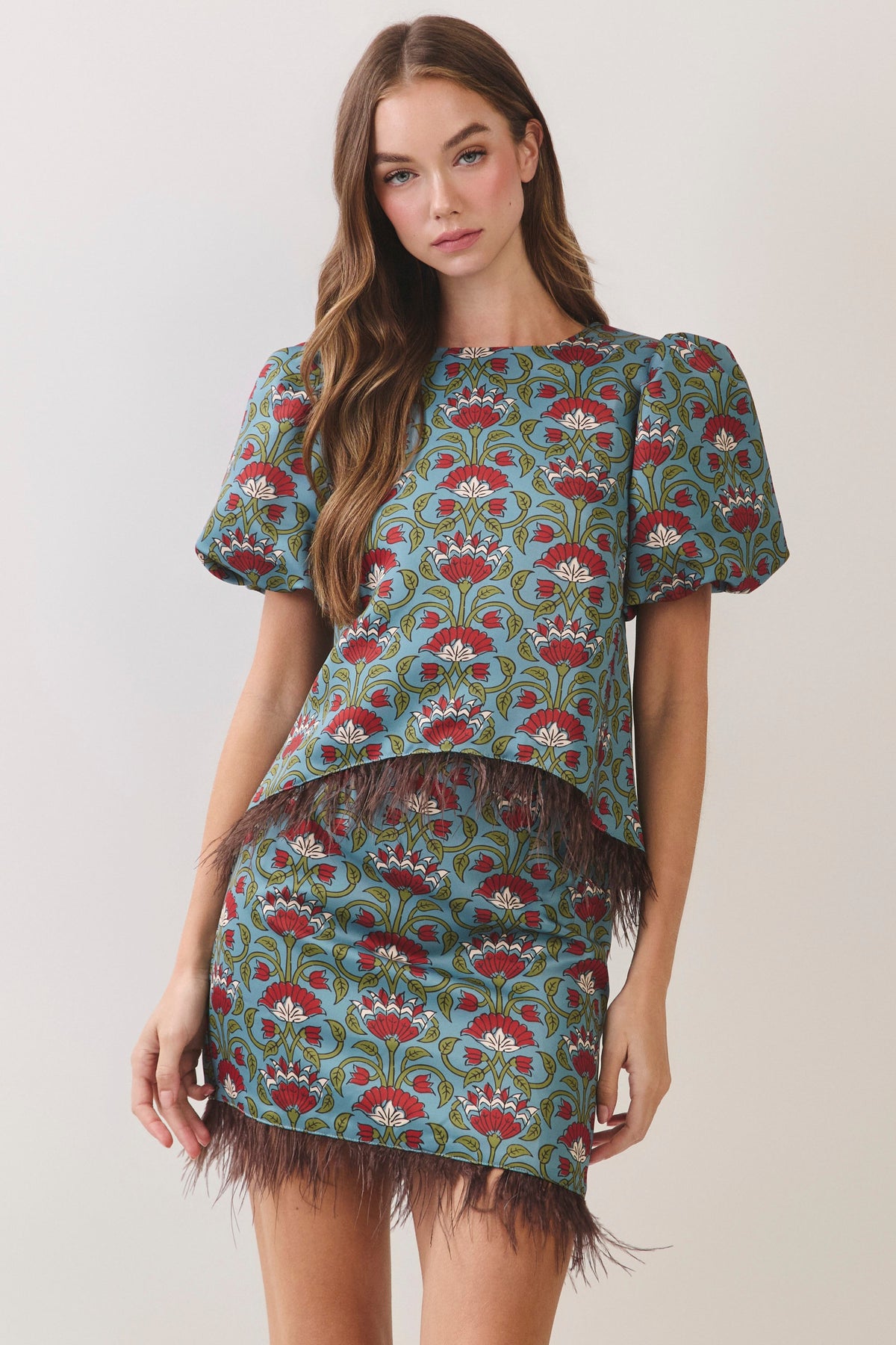 Feather Trim Floral Skirt