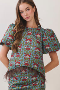 Feather Trim Floral Blouse
