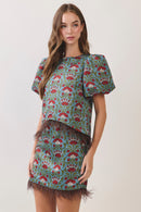 Feather Trim Floral Skirt
