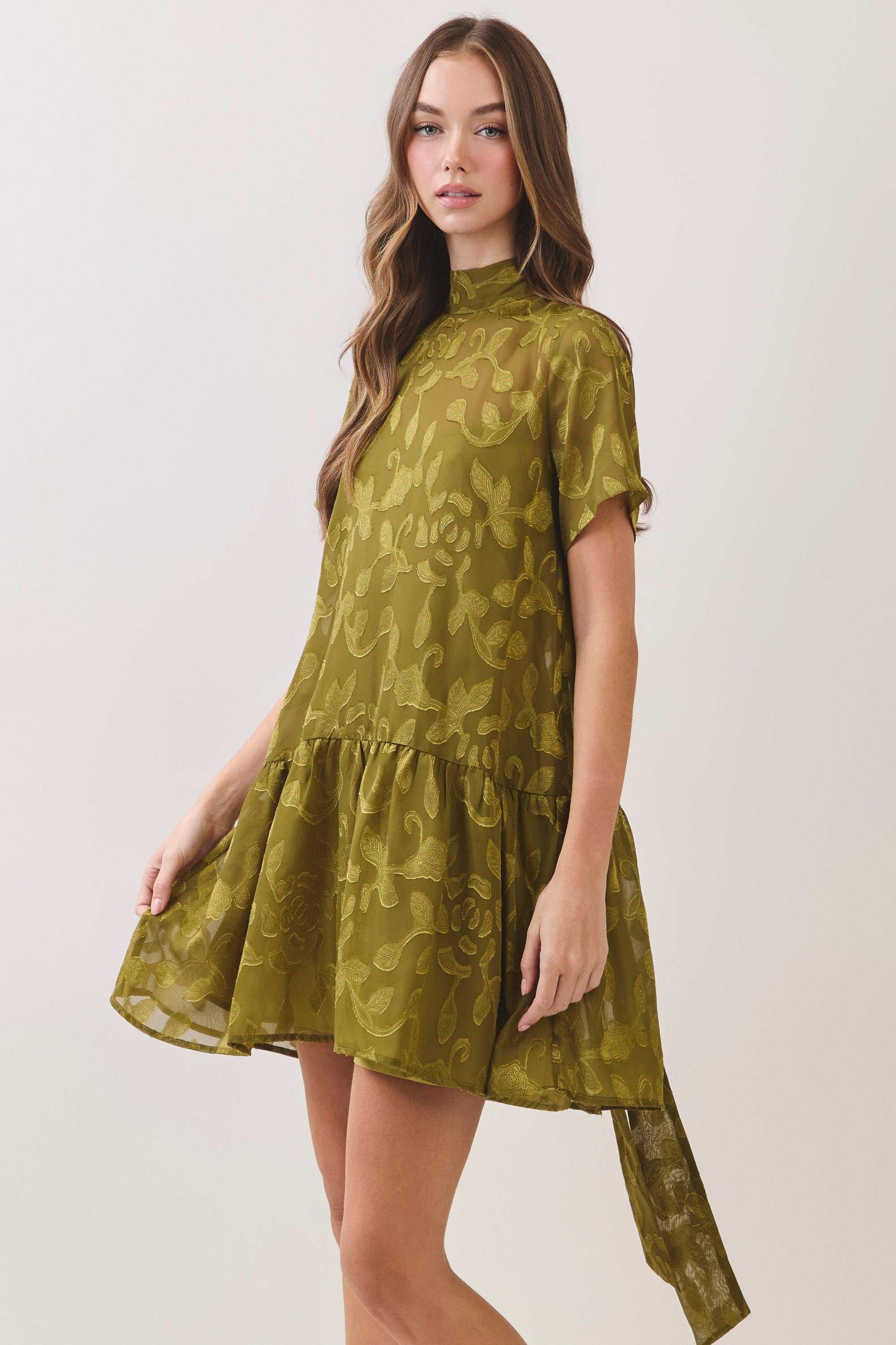 Floral Jacquard Tie-Neck Mini Dress