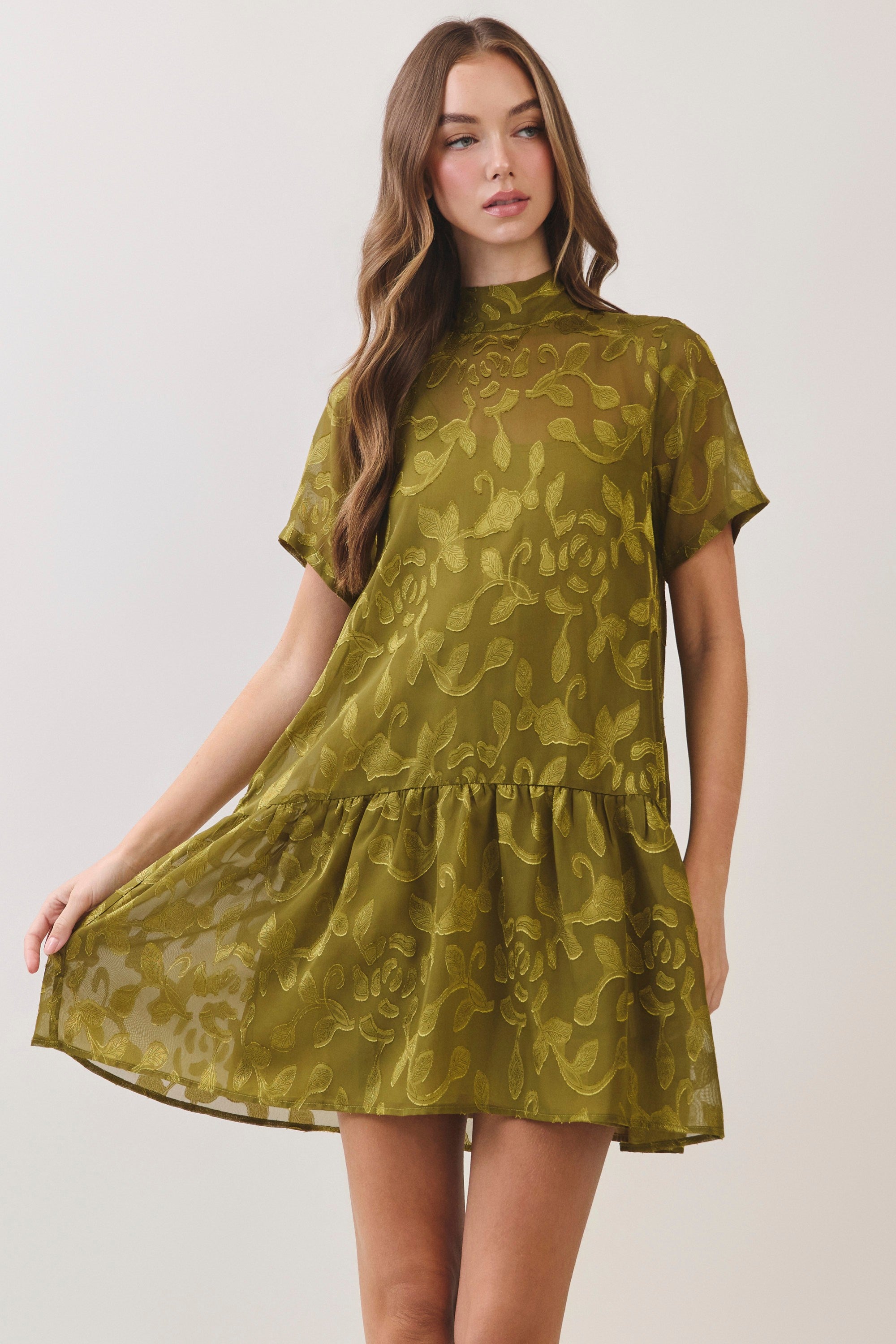 Floral Jacquard Tie-Neck Mini Dress