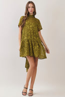 Floral Jacquard Tie-Neck Mini Dress