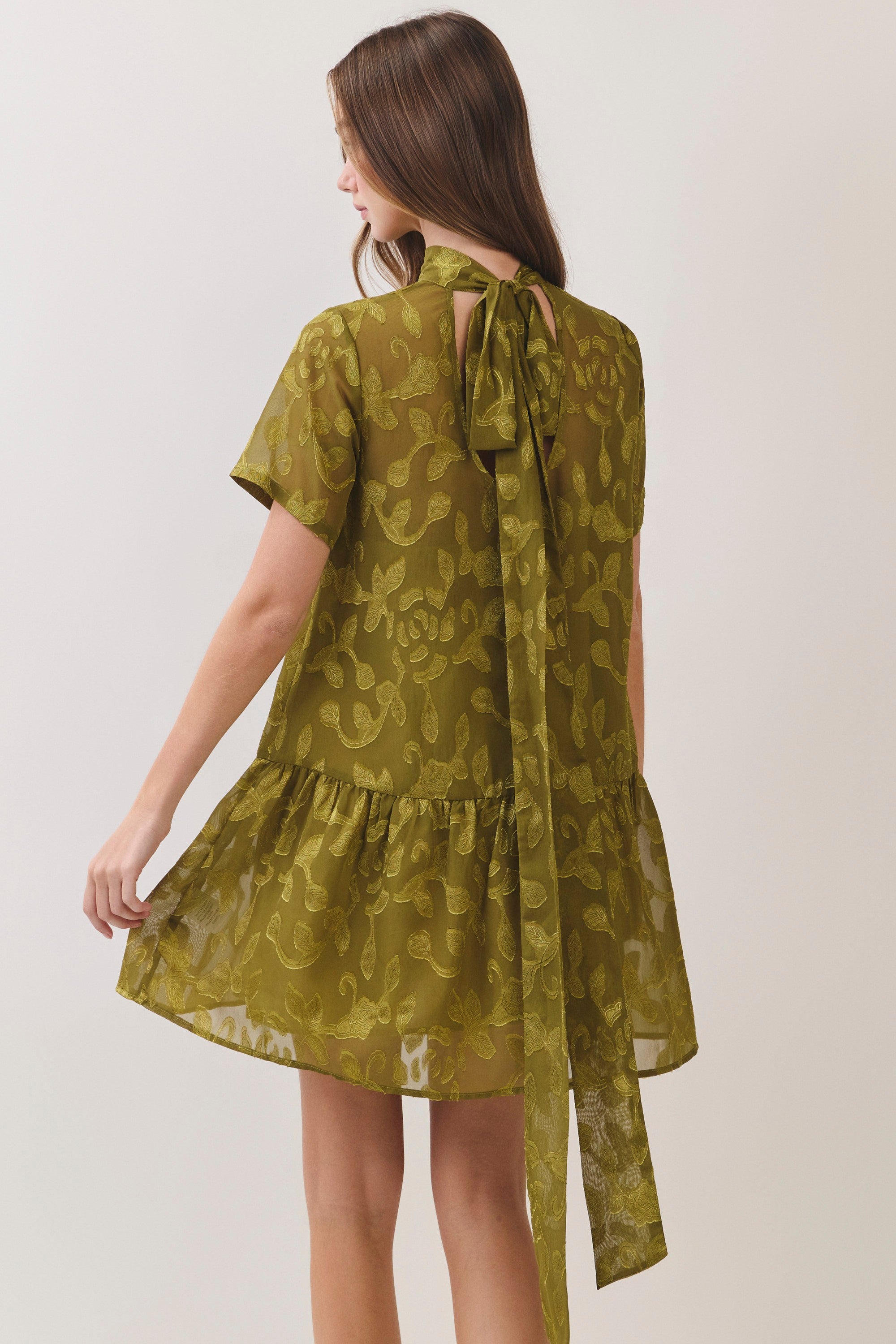 Floral Jacquard Tie-Neck Mini Dress