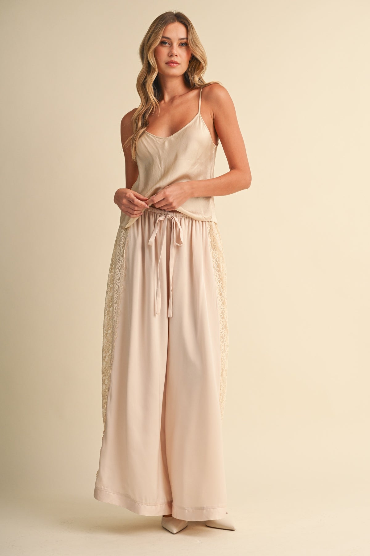 Lace Side Panel Satin Pants