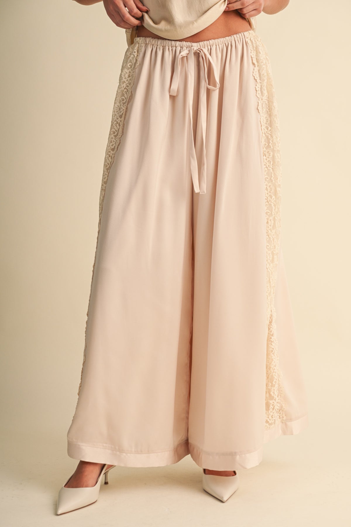 Lace Side Panel Satin Pants