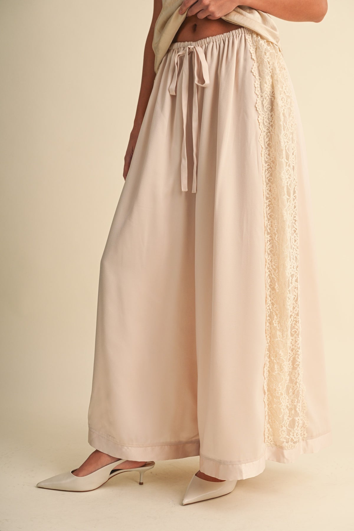 Lace Side Panel Satin Pants