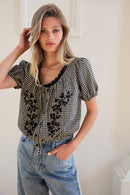 Floral Embroidered Gingham Blouse