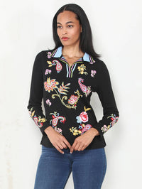 Floral Embroidered Thermal Polo Top