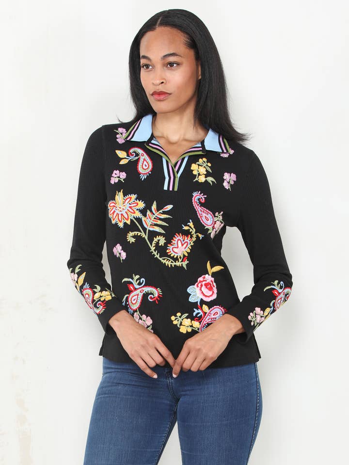 Floral Embroidered Thermal Polo Top