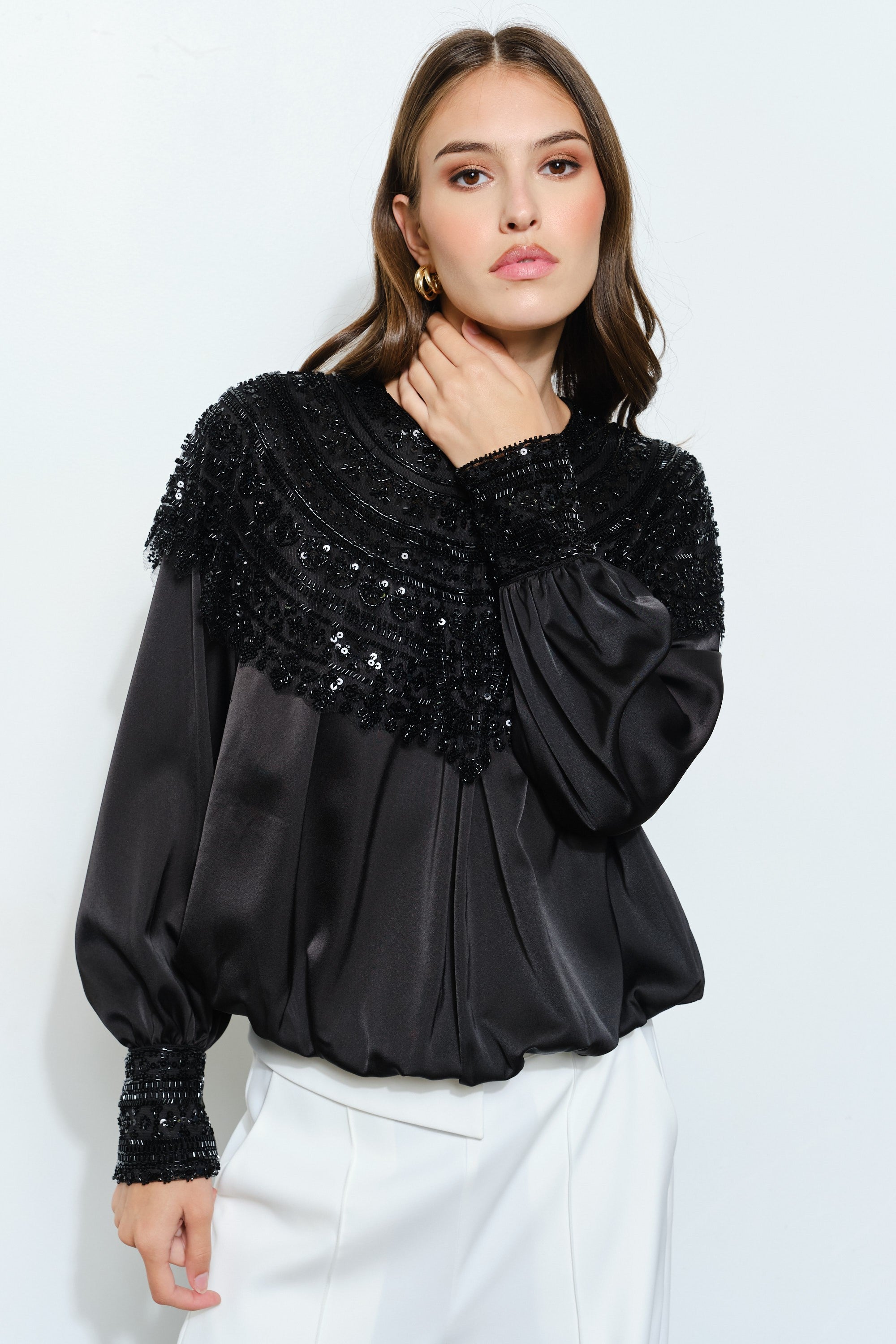 Beaded Sequin Yoke Satin Top
